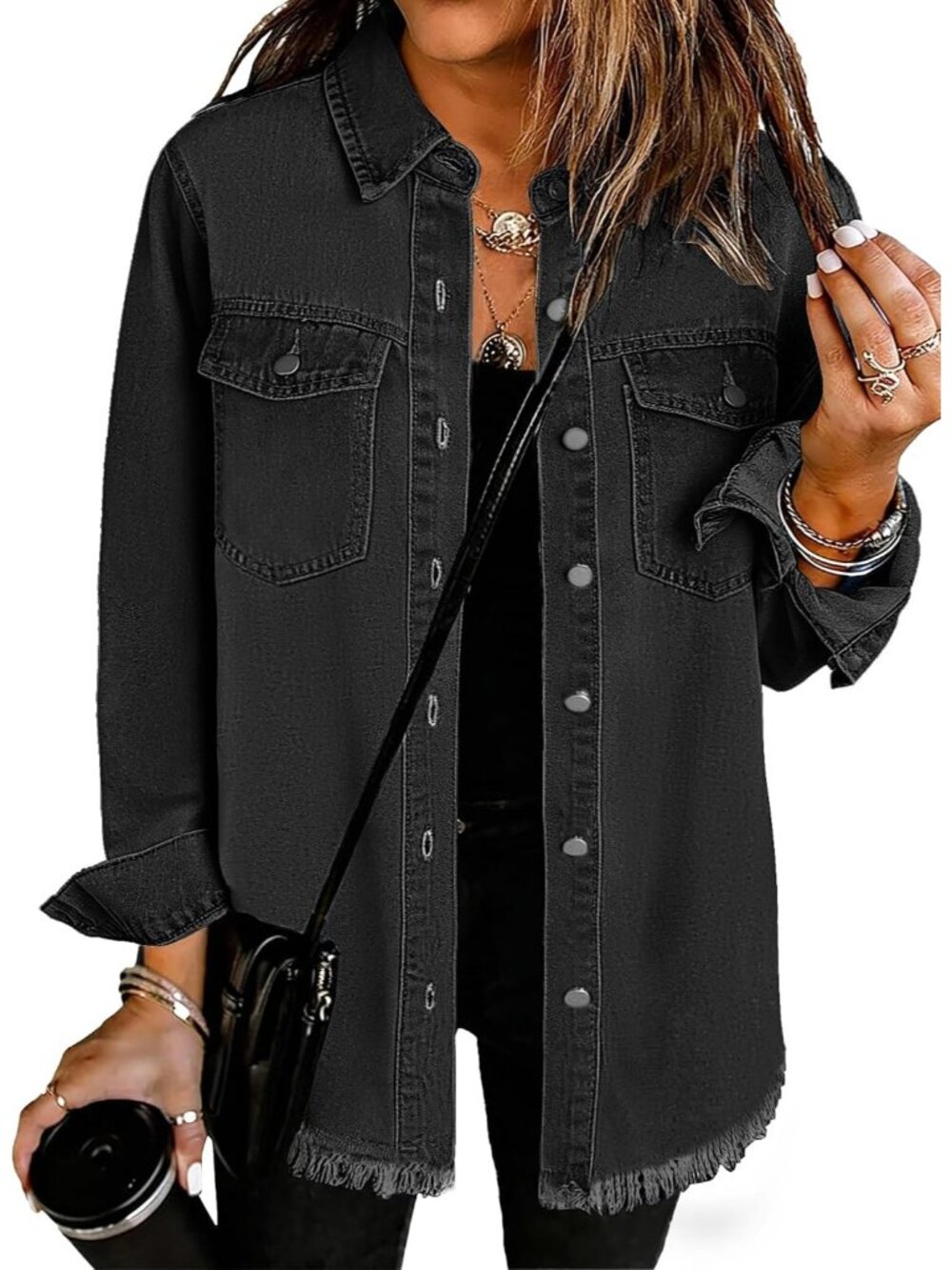 Women’s Black Button Down Oversized Distressed Denim Jean Jacket Shacket